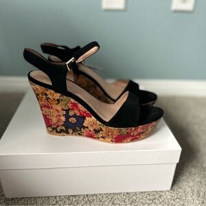 Anthropologie Black and Floral Wedges